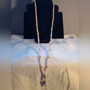 Vintage Rose Quartz and Cream Bead Long Necklace with Gold Accents